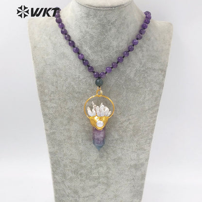 WT-N1246 Wholesale Women Gorgeous Long Beads Stone Fluorite Necklace Gold Fashion Big Chunky Spirit Point Stone Necklace