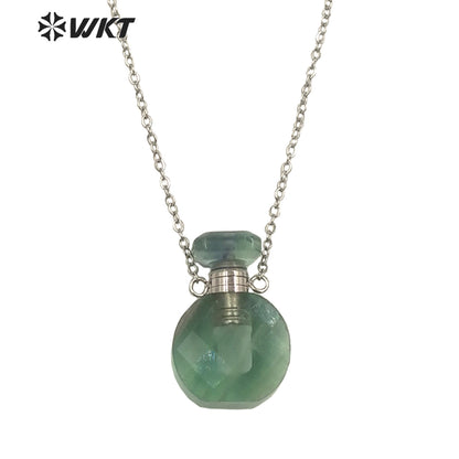 WT-N1457 New Design Natural Rainbow Fluorite Faceted Gold Plated and Stainless Steel Essencial Oil Bottle Necklace Jewelry
