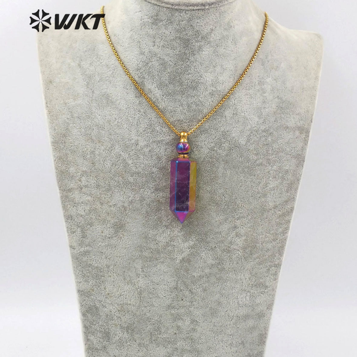 WT-N1260 Wholesale Natural Amethyst Spirit Quartz Point Necklace with Aura Amazing Gold Steel Stone Point Perfume Necklace