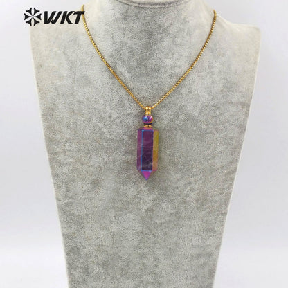 WT-N1260 Wholesale Natural Amethyst Spirit Quartz Point Necklace with Aura Amazing Gold Steel Stone Point Perfume Necklace