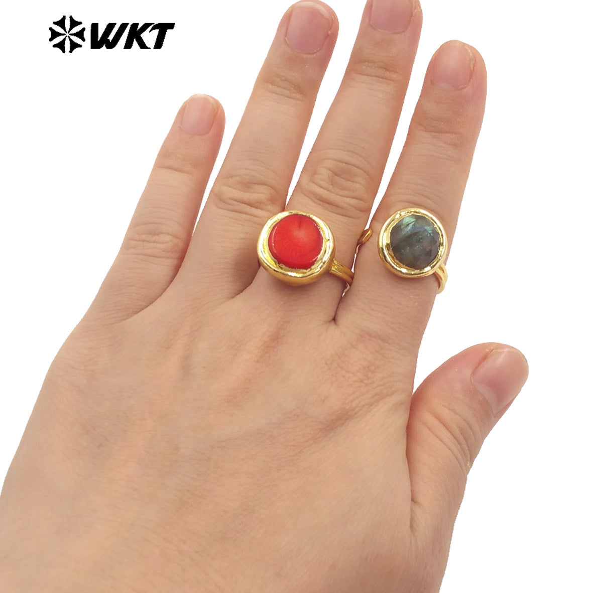 WT-R556 Wholesale 18K Gold Plated Round Red Coral and Black Labradorite Open Size Unisex Ring for Friends As Birthday Gifts