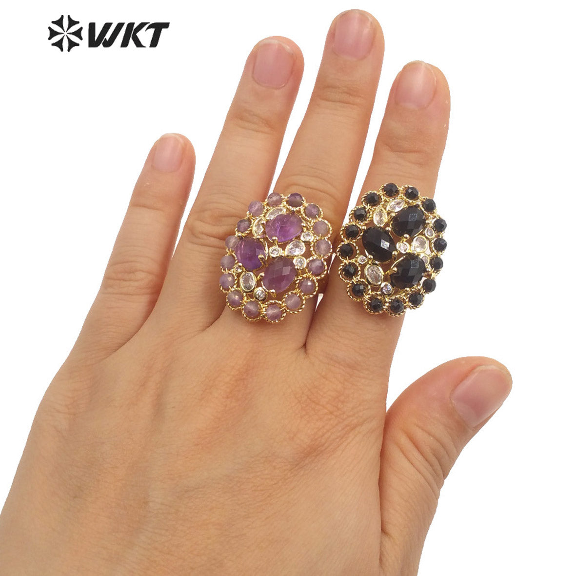 WT-R457 WKT New Design Fashion Gold Bezel Natural Stone by Claw Setting Ring Gorgeous Big Multi Real Stone Women Ring