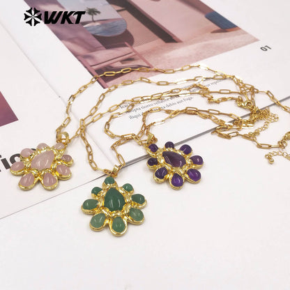 WT-N1528 High Quality Gold Electroplated Amethyst Natural Gemstones Pendants Necklaces For Women Unique Jewelry Present