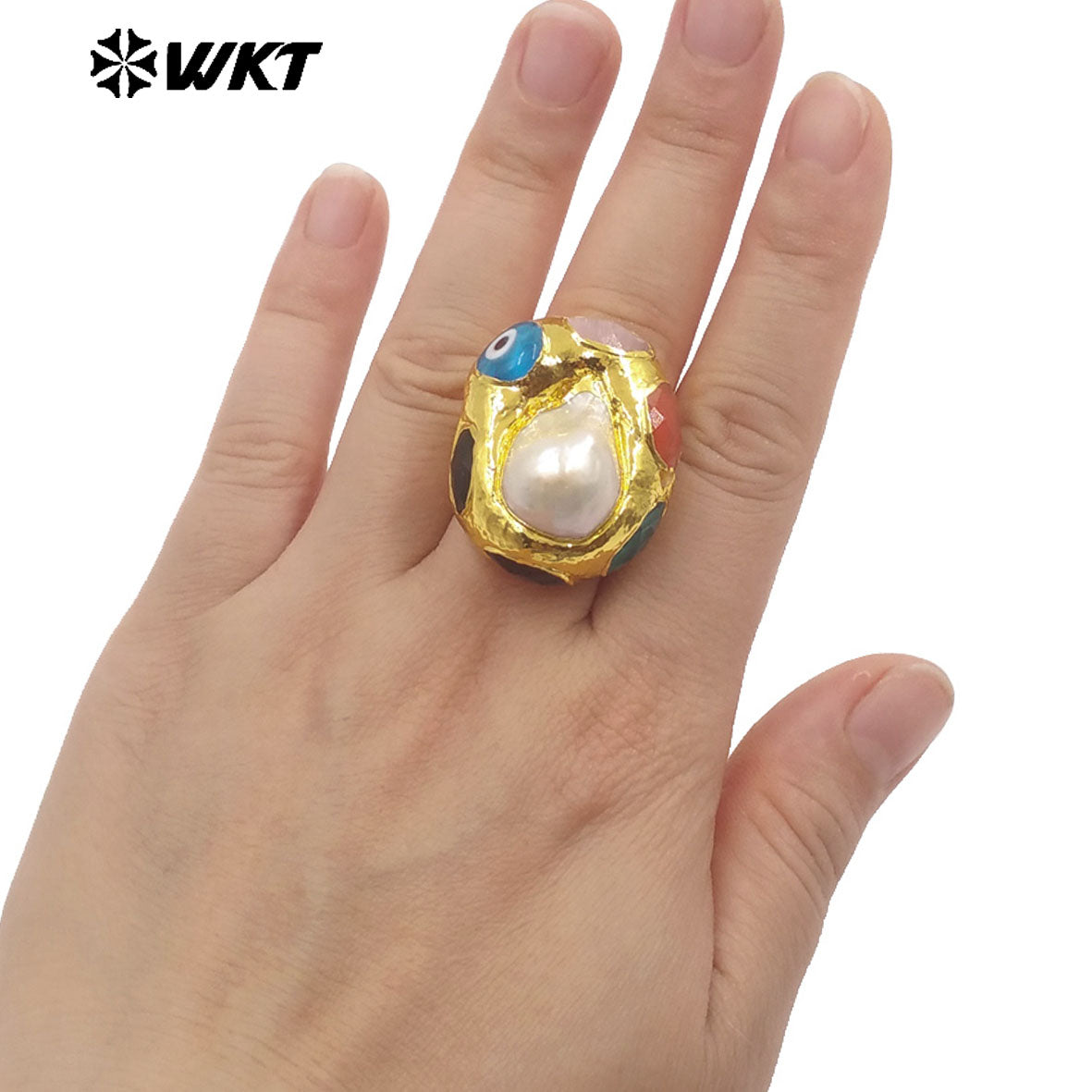 WT-MPR143 Newest Unique Design Adjustable Size Gold Plated Natural Stone With Irregular Baroque Pearl Rings Fashion Accessories