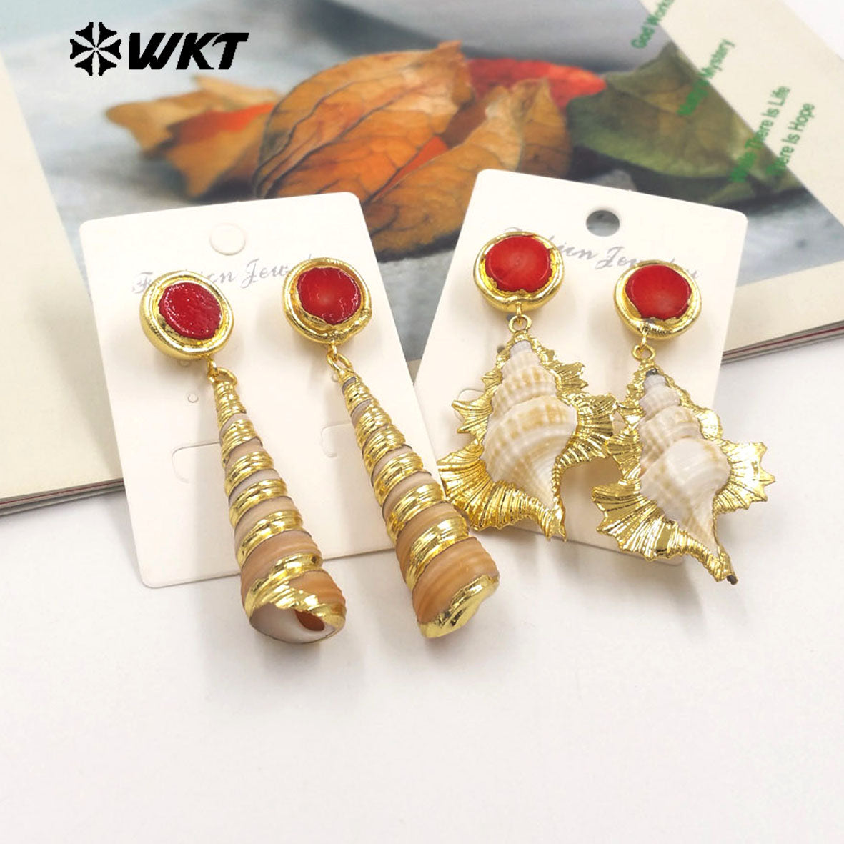 WT-MPE140 New Arrivals Fashion Unique Design 18K Gold Plated Red Coral Shell Trumpet Earrings Jewelry for Women As Special Gift