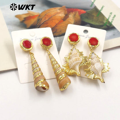 WT-MPE140 New Arrivals Fashion Unique Design 18K Gold Plated Red Coral Shell Trumpet Earrings Jewelry for Women As Special Gift