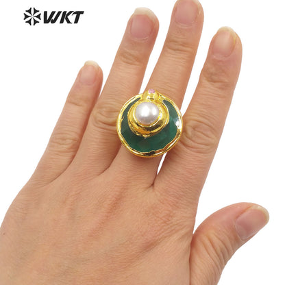 WT-R401 Natural Gemstone Lovely Fashion Cat Eye Ring with Pearl Crystal Colorful Round Ring 18k Gold-plated Women Gemstone Ring