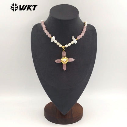 WT-JN375 High Quality Women Beautiful Gold Plated Natural Gemstones And Pearl Splicing Chain With Stone Cross Pendant Necklace
