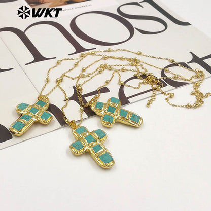 WT-N1523 Wholesale 18K Gold Electroplated Natural Turquoise Stone Cross Pendant Necklaces For Women Vintage Style Jewelry