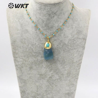 WT-N1288 Amazing Natural Raw Blue Fluorite Stone Necklace with Turquoise Charm High Fashion Gold Plated Gemstone Necklace