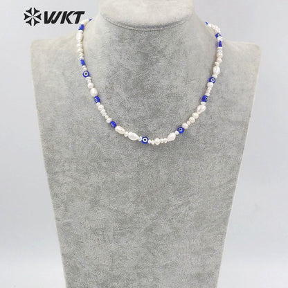 WT-JN209 Unique Exclusive Design Gorgeous Blue Eye Beads Necklace Popular Freshwater Pearl Choker Necklace with Locker