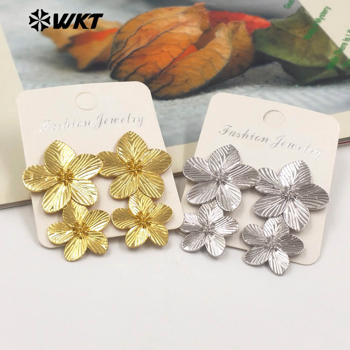 WT-E768 New Design Wholesale 18K Gold Plated and Silver Delicate Floral Connection Earrings for Women As Special Birthday Gifts