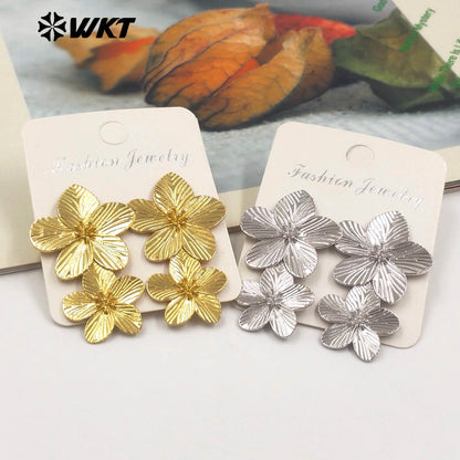 WT-E768 New Design Wholesale 18K Gold Plated and Silver Delicate Floral Connection Earrings for Women As Special Birthday Gifts