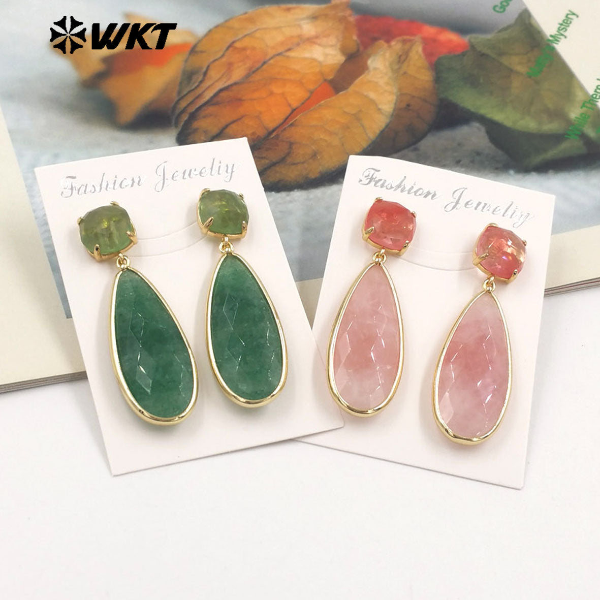 WKT-E759 Exquisite Super Colorful Long Earring Waterdrop Shape Natural Stone Material Accessory for Women Birthday Gifts