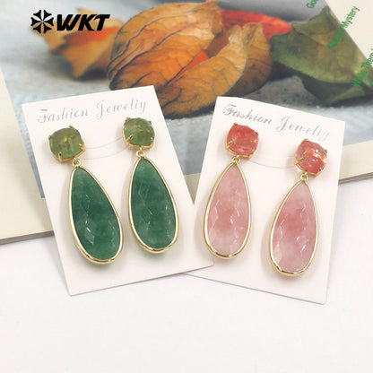 WKT-E759 Exquisite Super Colorful Long Earring Waterdrop Shape Natural Stone Material Accessory for Women Birthday Gifts