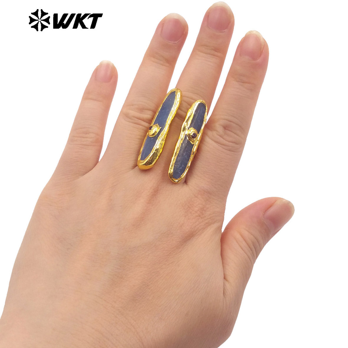 WT-R555 New in 2024 Unique High Quality 18K Gold Plated Blue Kyanite Adjustable Long Ring Jewelry for Women As Daily Accessory