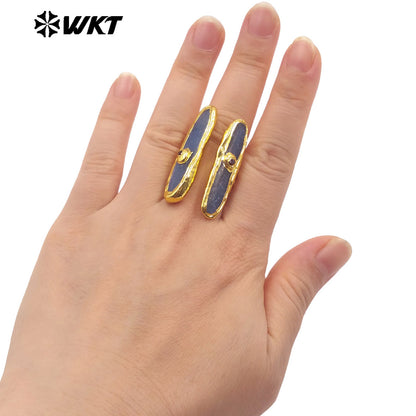 WT-R555 New in 2024 Unique High Quality 18K Gold Plated Blue Kyanite Adjustable Long Ring Jewelry for Women As Daily Accessory