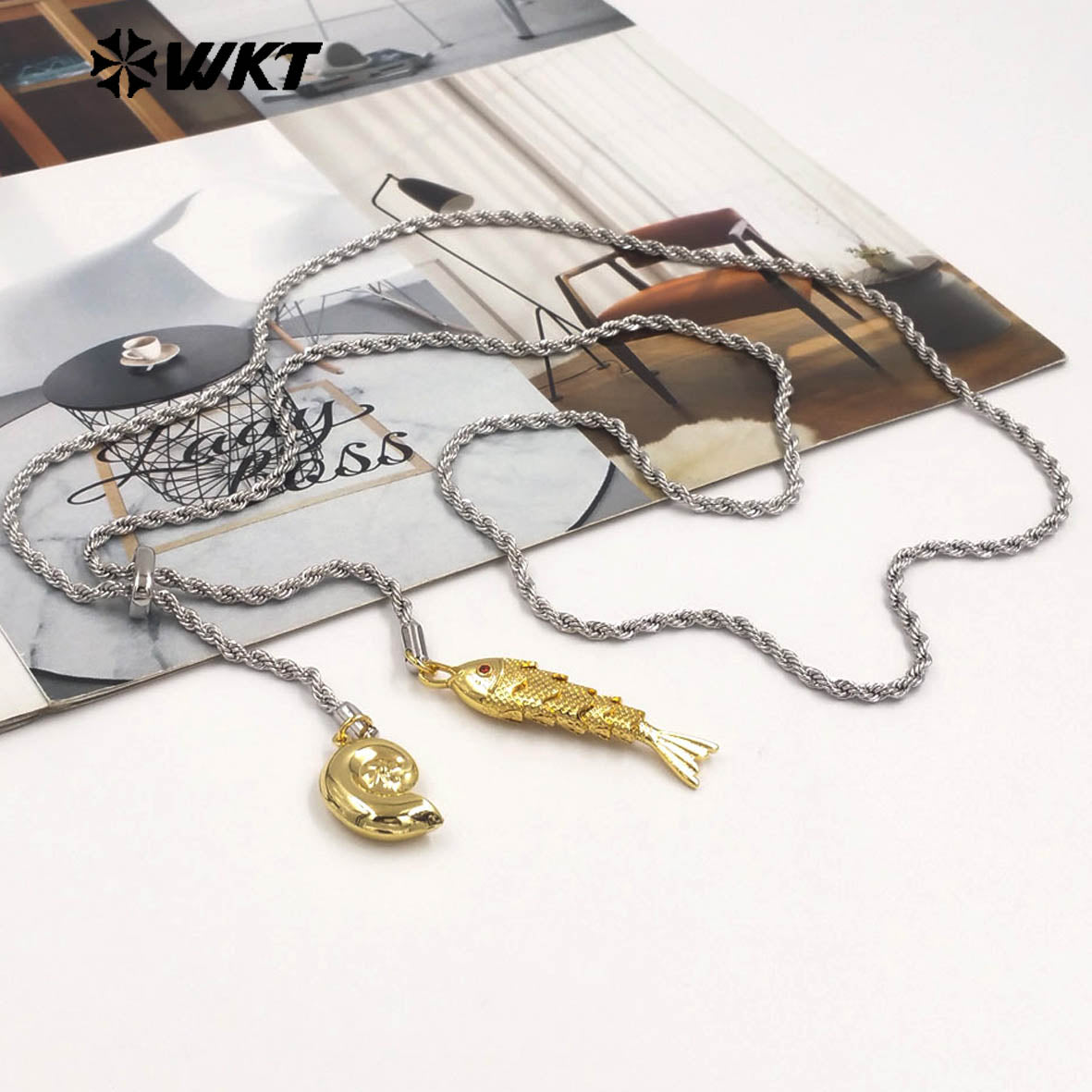 WT-JFN54 Lovely Double Gold Plated Brass And Zircon Shell Fish Charms With Silver Chain Necklace As Women Birthday Gift