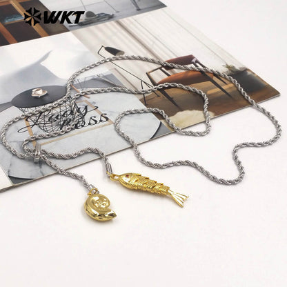 WT-JFN54 Lovely Double Gold Plated Brass And Zircon Shell Fish Charms With Silver Chain Necklace As Women Birthday Gift