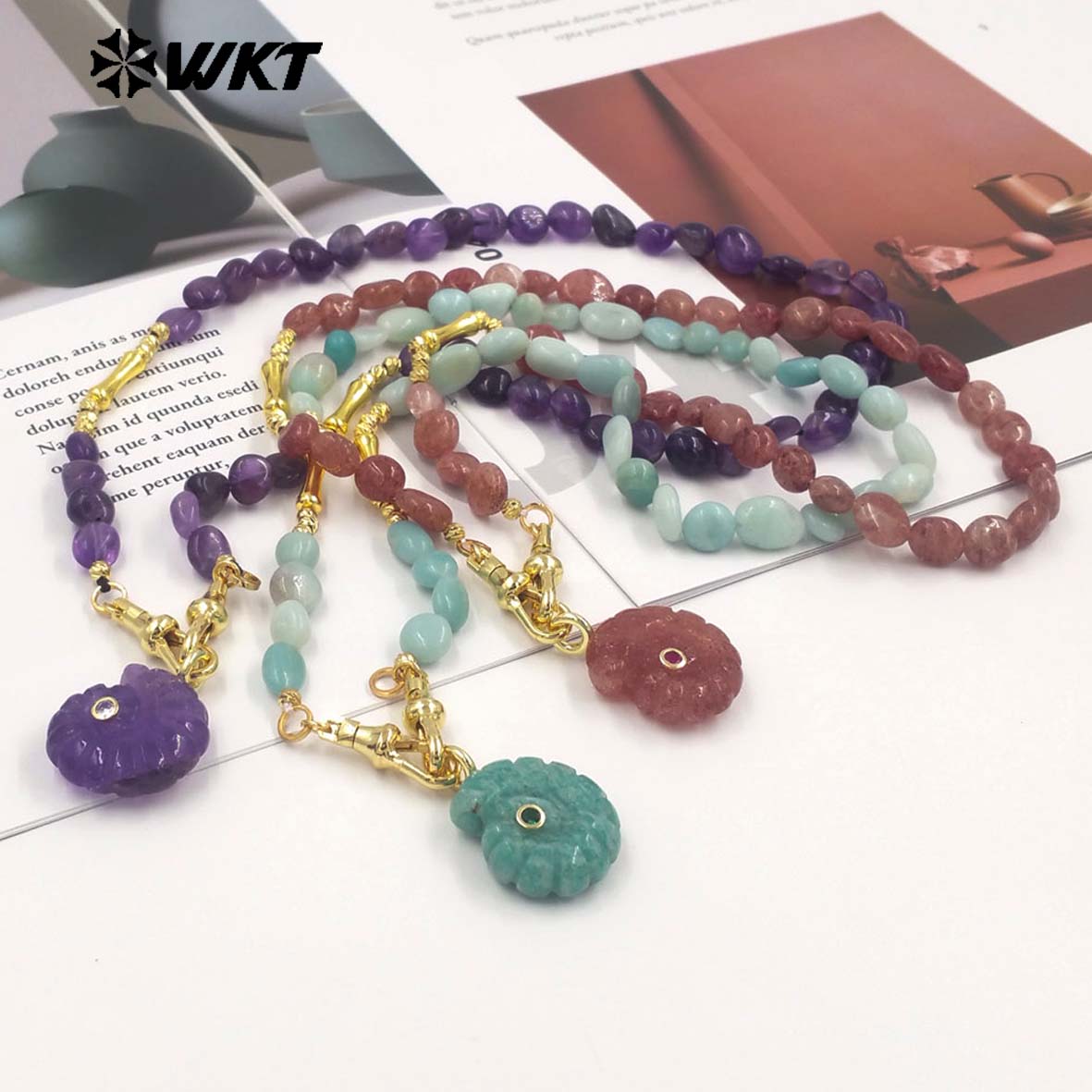 WT-N1520 Boutique Stone Beads Splicing Brass Chain With Natural Gemstones Carved Trumpet Pendant Necklaces For Friend Gift