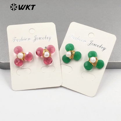 WT-E723 Women New Earrings Design Colorful Cat Eye Stone Flower Studs Handmade Wire Wrapped Pearl Leaf Fashion Girl Earrings
