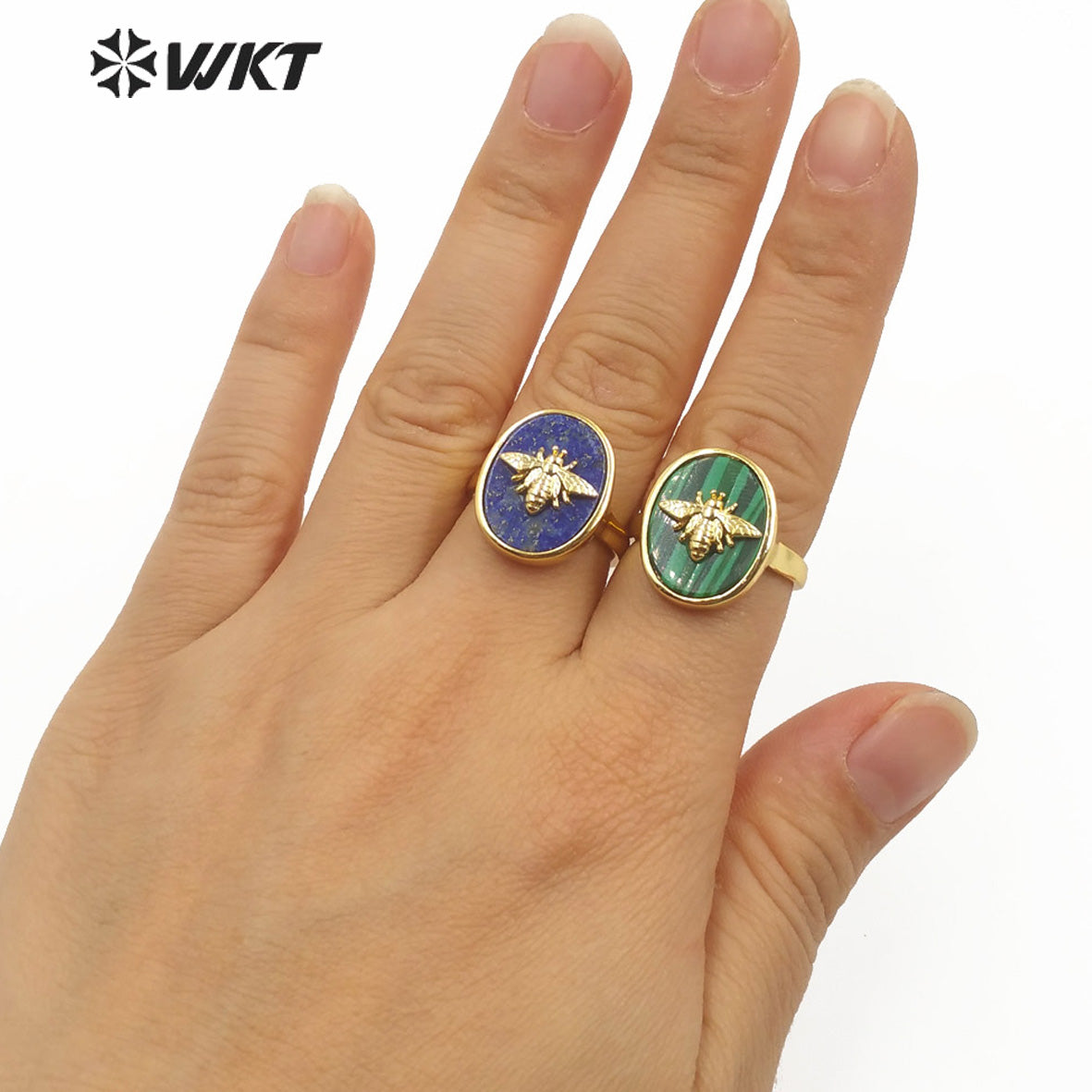 WT-R353 Unique Design Natural Stone Insect Charm Ring Oval Gemstone Ring Fashion Jewelry Multicolor Adjustable Ring