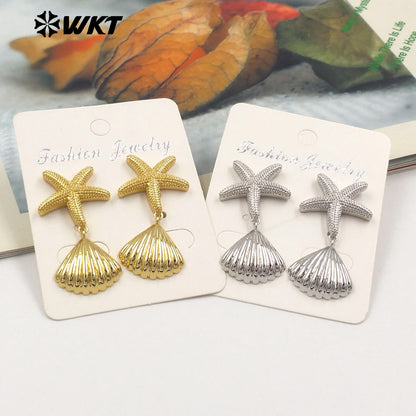 WT-E762 New Design 18K Gold Plated and Silver Star Shell Earrings Perfect for Women on the Beach As Daily Decoration and Gift