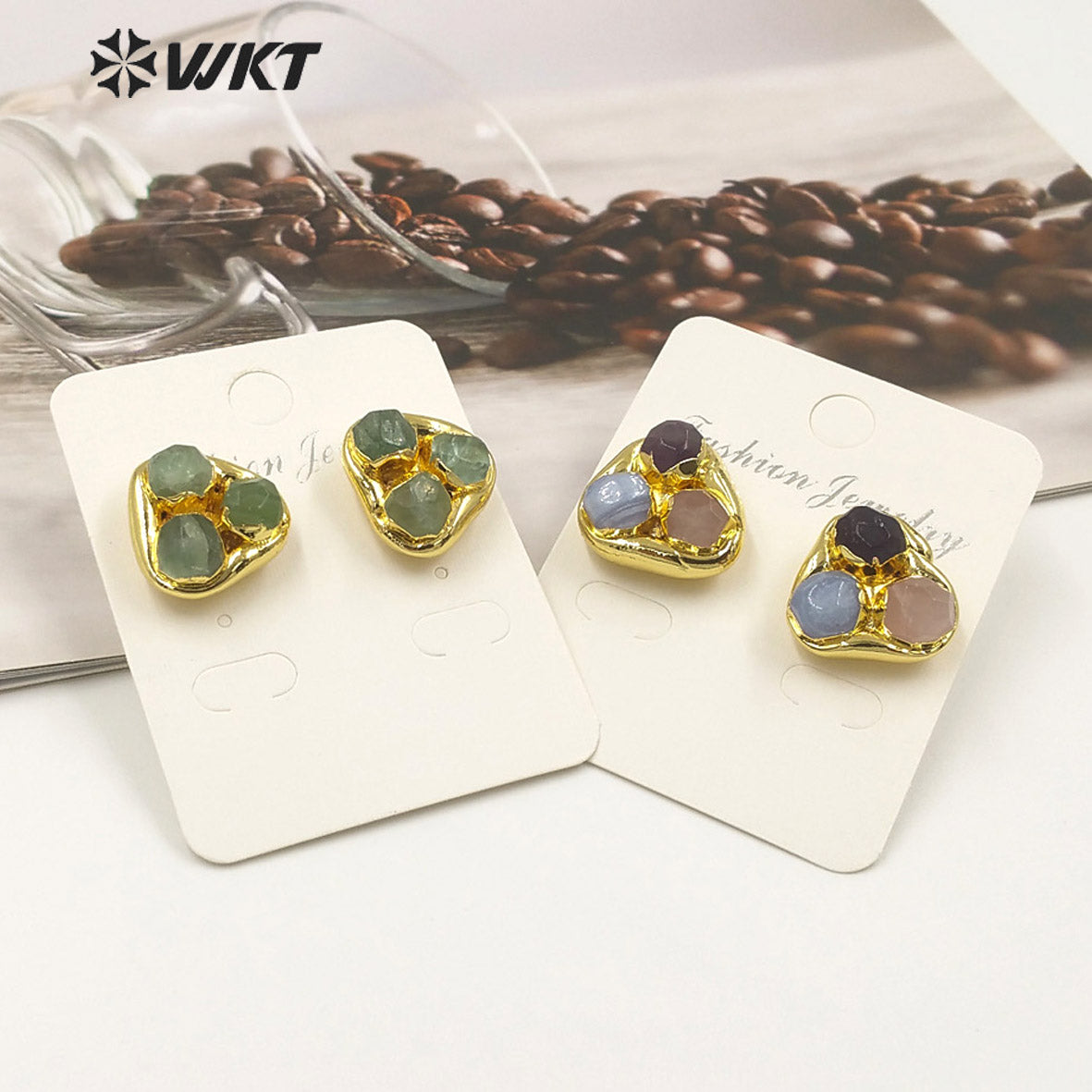 WT-E748 Newest WKT Exclusive Design Natural Triple Assemble Blue Agate Flower Shape Stone Studs America Hot Earrings