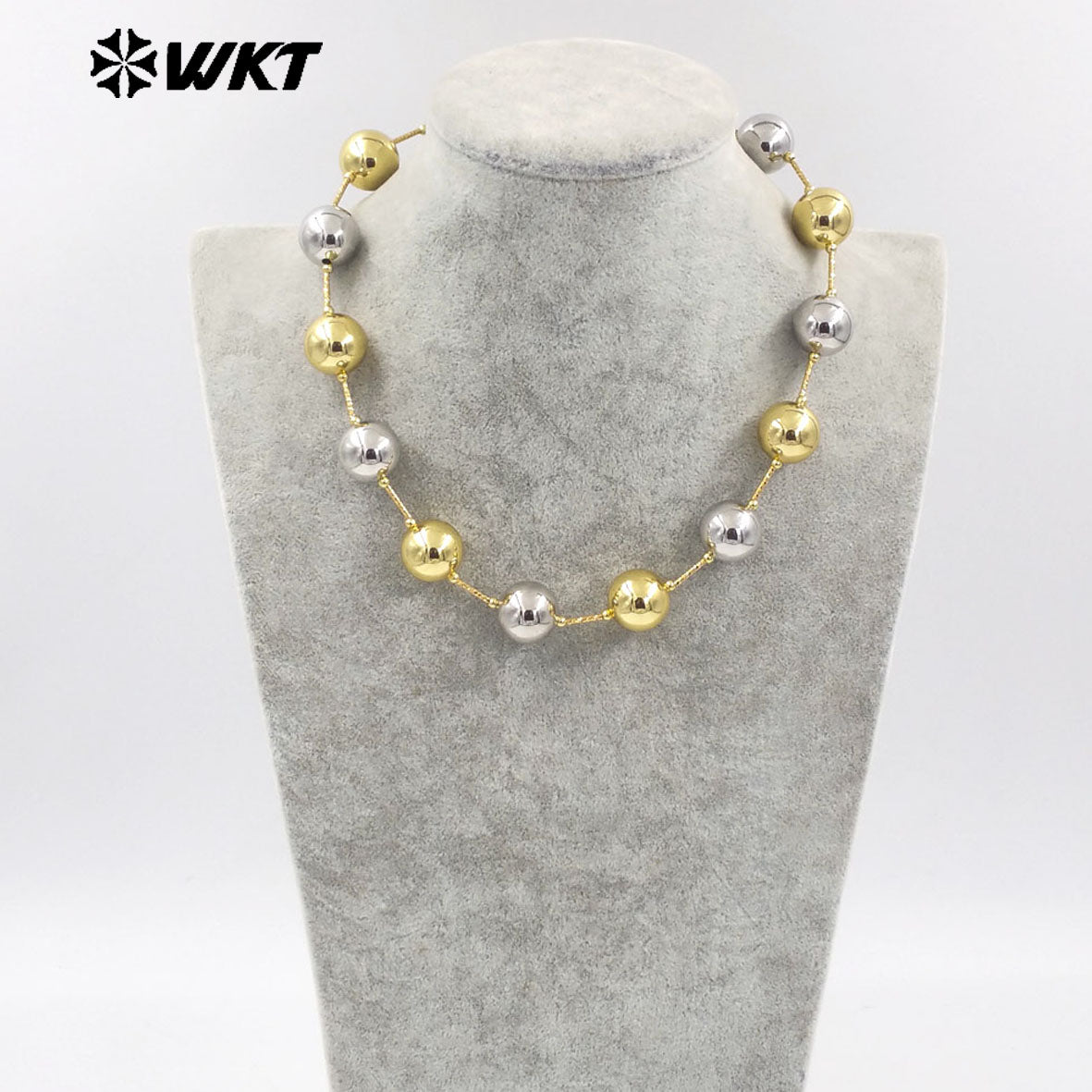WT-JFN07 Wholesale Fashion 18K Gold Plated Resist Tarnishable Round Big Brass Ball Beads Necklace With Popular Connect Pipe