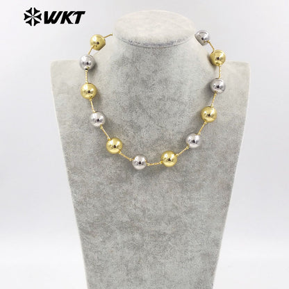 WT-JFN07 Wholesale Fashion 18K Gold Plated Resist Tarnishable Round Big Brass Ball Beads Necklace With Popular Connect Pipe