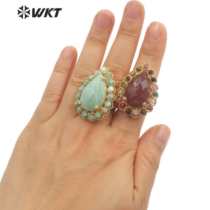 WT-R458 Gorgeous Invisible Setting Natural Teardrop Stone Ring 18k Gold Plated Precious Gemstone Drop Anniversary Ring