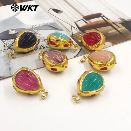 WT-P2071 Wonderful 18K Gold Electroplated Colorful Glaze Hand Carved Waterdrop Shape Pendants For Women Necklace DIY Making