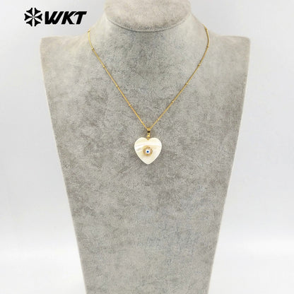 WT-JN270 Wholesale Fashion Gold Plated Natural White Shell Lovely Heart Cubic Zircon Charm Necklace for Birthday Gift Jewelry