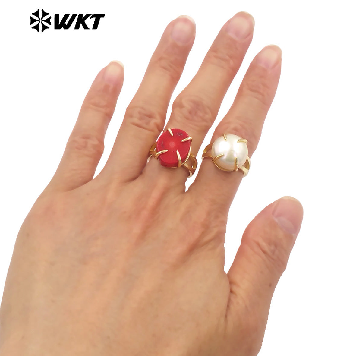 WT-MPR109 High Quality Round Shape Red Coral and Pearl With 18k Gold Plated Ring for Unisex or Couple Accessory