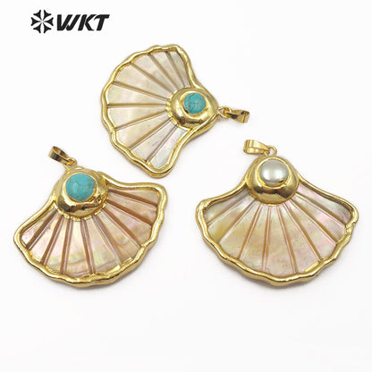 WT-JP101 Gold Scallop Shell Fan-shaped Top with Pearl or Turquoise Embellishment with Two Choices of Gold Plated Shell Pendants