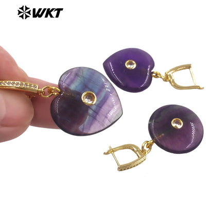 WT-E808 Lovely Gold Plated Natural Rainbow Fluorite Stone Heart Round Shape Earrings For Girlfriend Valentine's Day Gifts