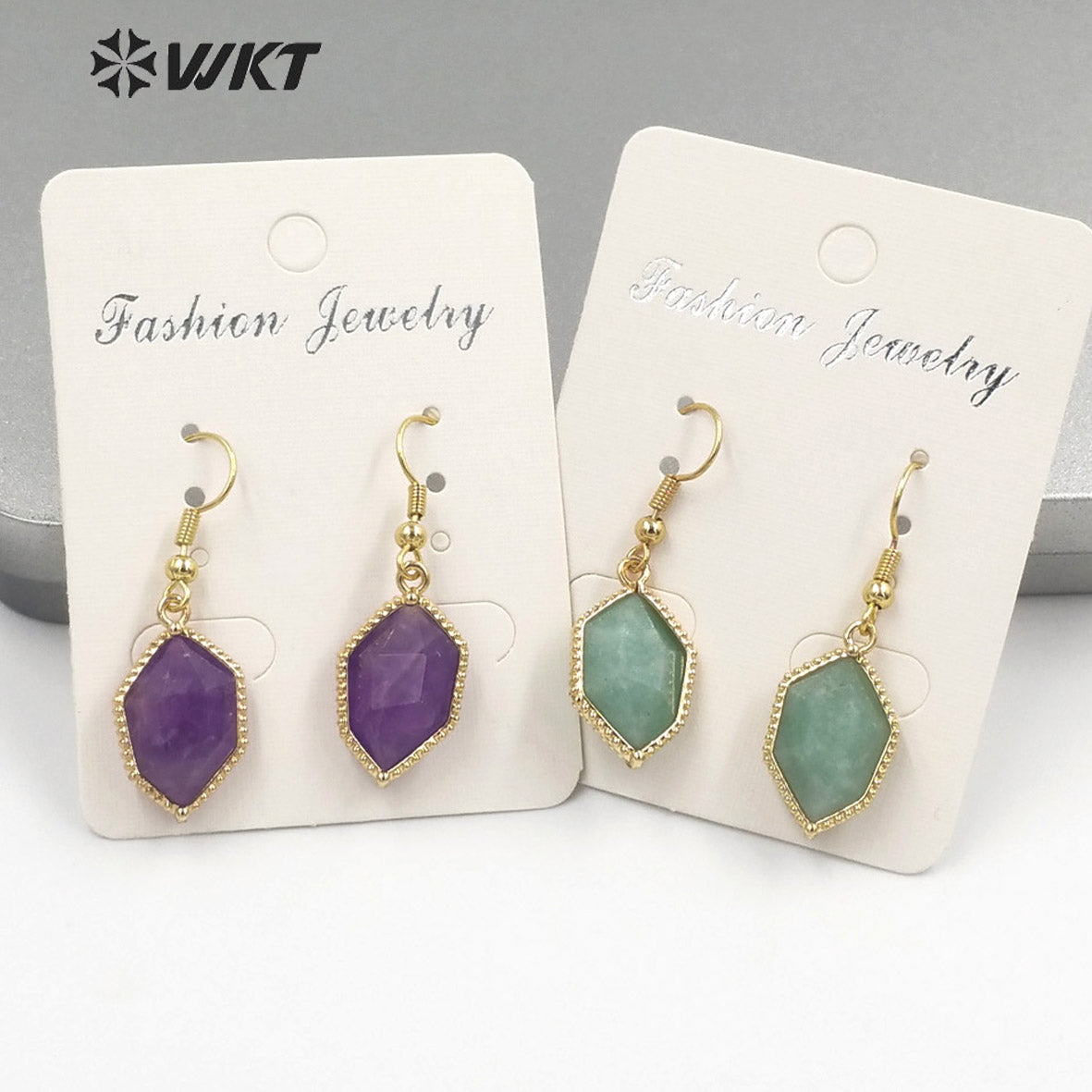 WT-E741 Amazing Colorful Elegant Natural Cat Eye Stone Hexagon Shaped Long Charming in Drop Earrings Women Pendant Earrings