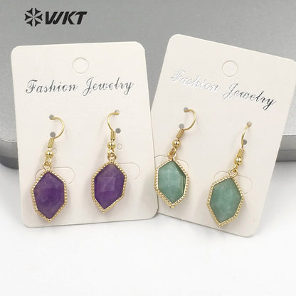 WT-E741 Amazing Colorful Elegant Natural Cat Eye Stone Hexagon Shaped Long Charming in Drop Earrings Women Pendant Earrings