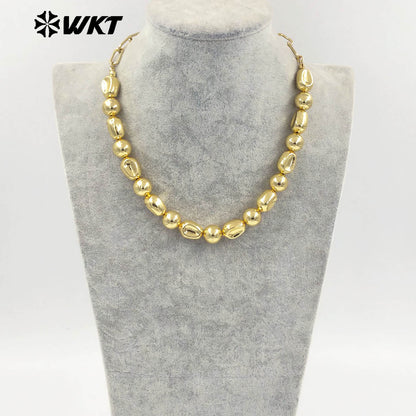WT-JFN30 Wholesale Customization Simple 18K Gold Plated Natural Brass Round and Flat Bead Women Chain Necklace As Special Gift