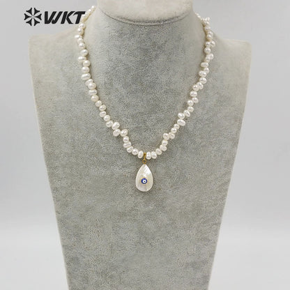 WT-JN115 Wholesale 16" Natural Pearl Beads Necklace With Eye Charm Shell Pendant Fashion Lady Jewelry Pearl Necklace