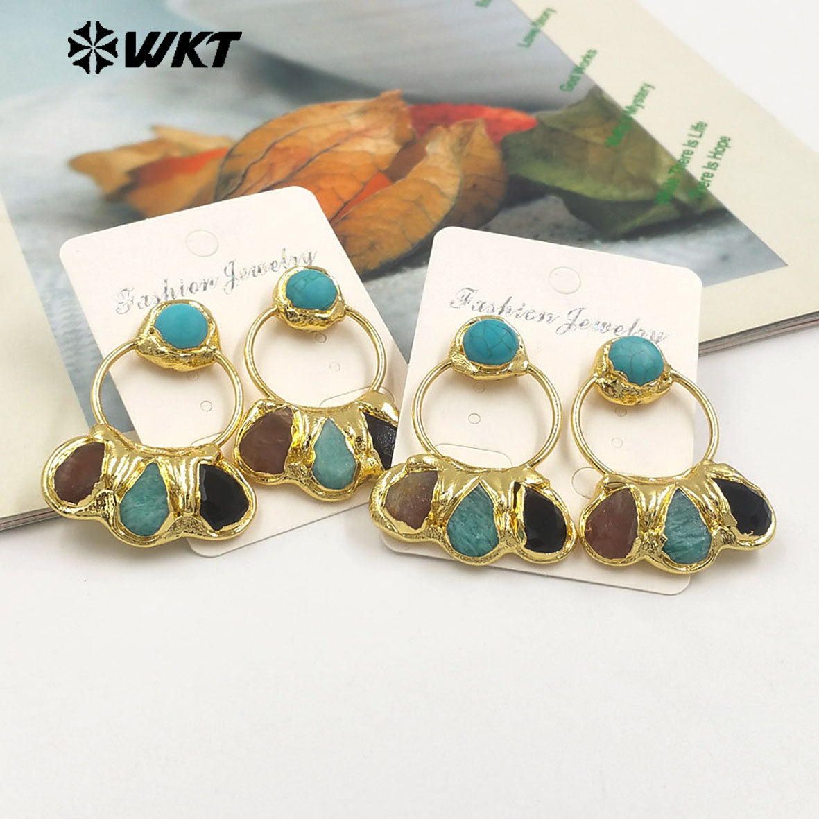 WT-E755 WKT Exclusive Hand Made Multi Natural Stone Big Statement 18K Gold Plated Water Drop Pendant Earrings