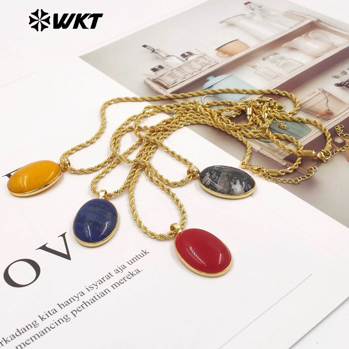 WT-N1539 Good Quality Yellow Brass Gold Plated Chain With Natural Gemstones Round Pendant Necklaces For Simple Style Jewelry