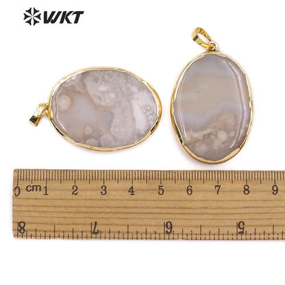 WT-JP125 Wholesale New Arrival Natural Pattern and Color Stones Pendant With 18K Gold Plated Oval Cherry Agate Pendant