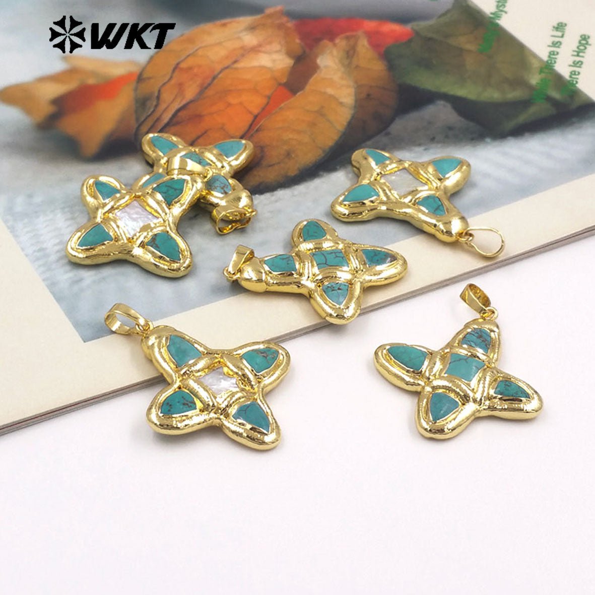 WT-P2036 Popular Sale Gold Electroplated Natural Turquoise And Pearl Pointed Cross Pendants As Handmade Necklace Accessory