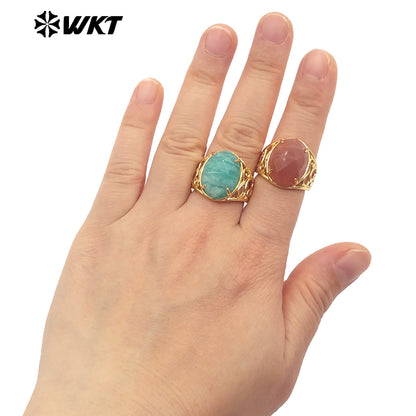 WT-R527 WKT New Design Natural Oval Faceted Gemstone With Clawing Setting Sun Stone Women Cocktail Ring