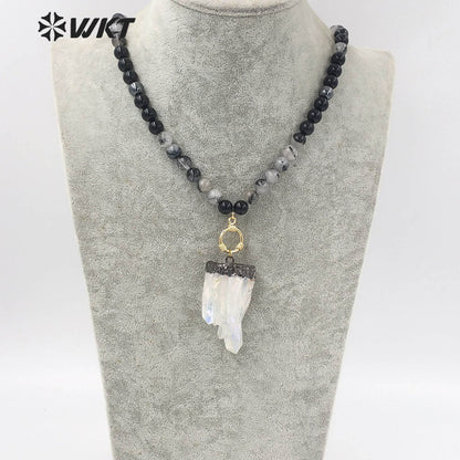 WT-N1279 Wholesale Black Gun Electroplated Aura Crystal Quartz Beads Necklace Amazing Spirit Quartz Stone Necklace