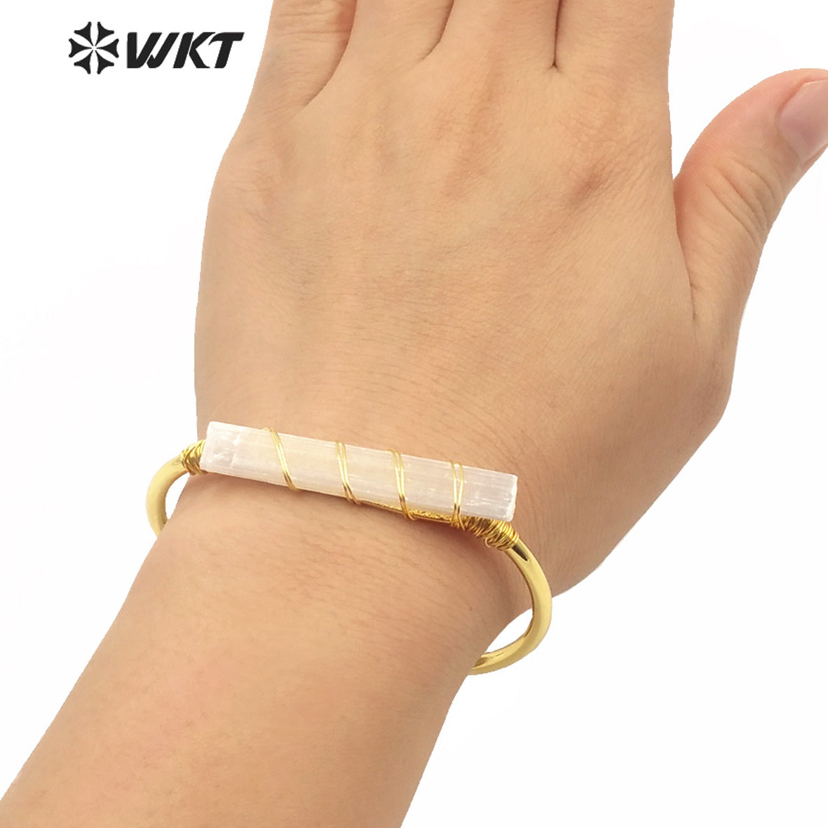 WT-B567 Wholesale Fashion Women Gold Electroplated Wire Wrapped White Selenite Open Bangle Adjustable Gold Natural Stone Bangle