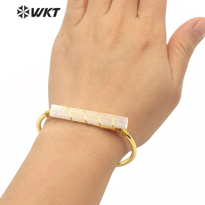 WT-B567 Wholesale Fashion Women Gold Electroplated Wire Wrapped White Selenite Open Bangle Adjustable Gold Natural Stone Bangle