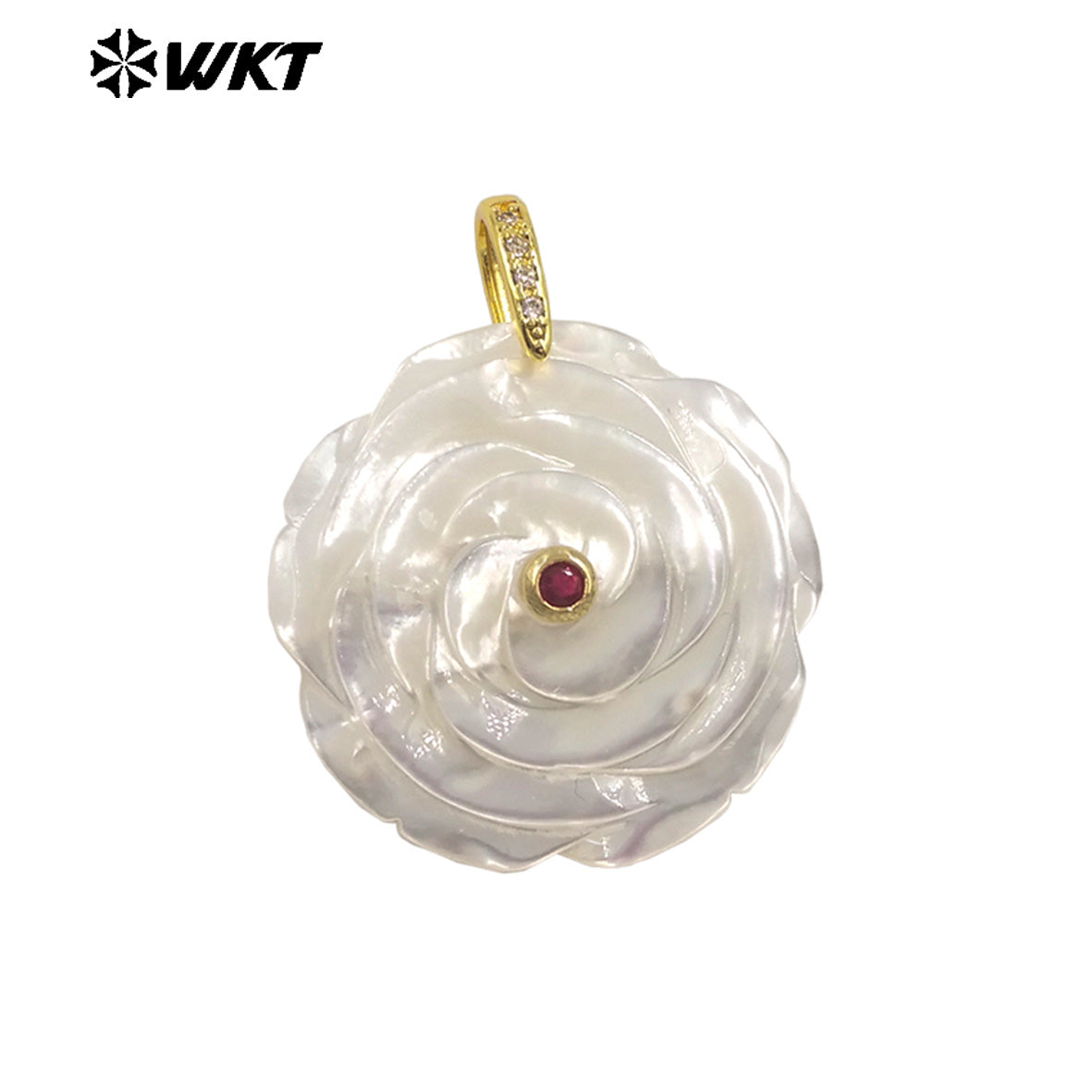 WT-JP474 High Quality Zircon Setting In Mother Of Pearl Hand Carved Flower Shape Gold Pendants As Necklace DIY Accessories