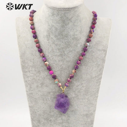 WT-N1376 Graceful Natural Irregular Pretty Amethyst Pendant Necklace Purple Bohemia Jasper Bead Chain Natural Crystal Necklace